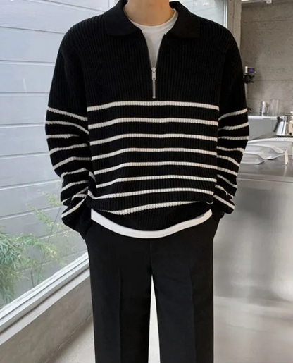 Veloria Gestreepte Quarter Zip Sweater van 100% Katoen – Half Zip Trui met Lange Mouwen