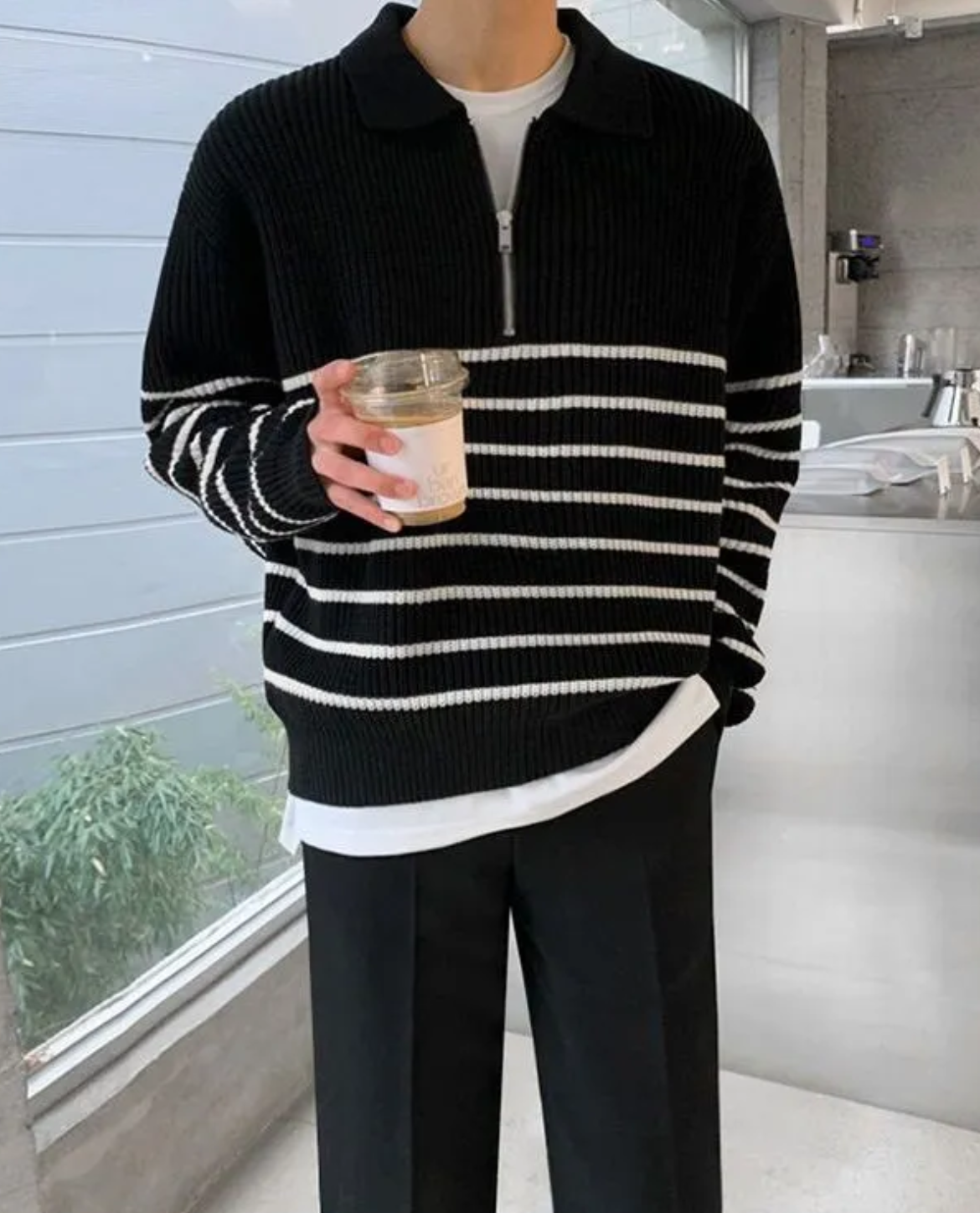 Veloria Gestreepte Quarter Zip Sweater van 100% Katoen – Half Zip Trui met Lange Mouwen