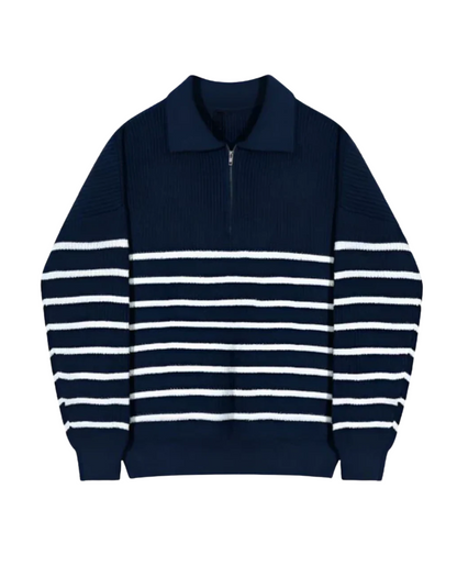 Veloria Gestreepte Quarter Zip Sweater van 100% Katoen – Half Zip Trui met Lange Mouwen