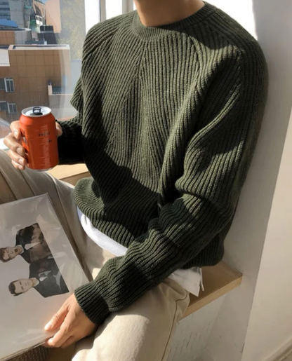 Veloria Geribde Katoenen Sweater met Structuur – Forest Green Crewneck