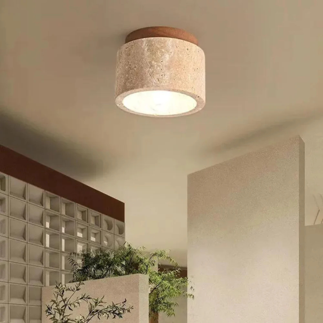 Élanor – Cilindervormige Travertin Plafondlamp met Houten Detail