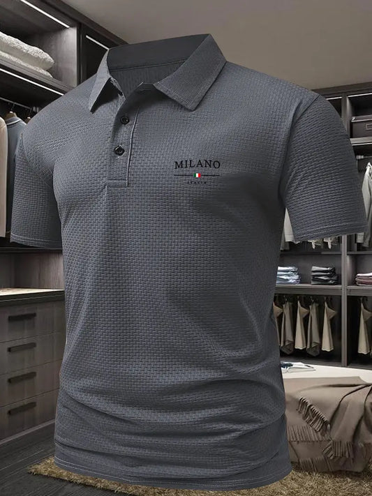 Monde Heren Poloshirt met Geometrisch Patroon – Korte Mouwen – Reverskraag – Regular Fit – Zomer – Gebreide Stof – Blauw