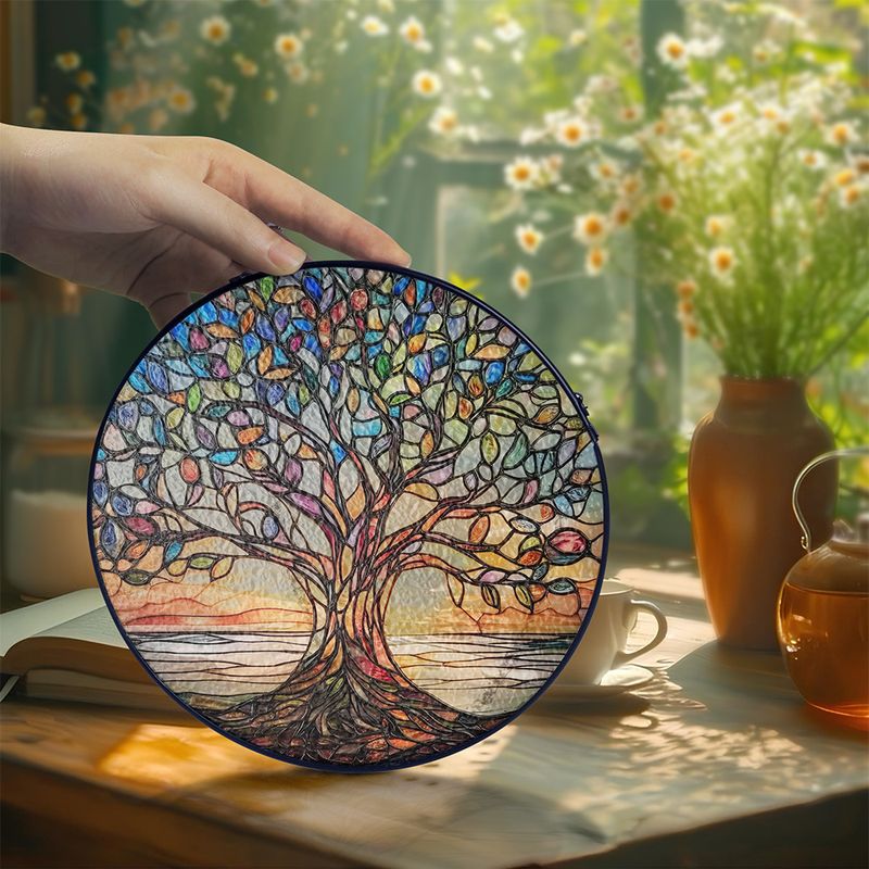 Monde Handgemaakte Levensboom Zonnevanger van Glas-in-Lood – Ronde Raamdecoratie Ø20 cm – Regenboogkleuren