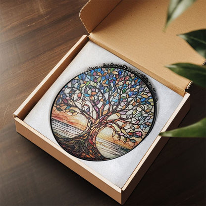 Monde Handgemaakte Levensboom Zonnevanger van Glas-in-Lood – Ronde Raamdecoratie Ø20 cm – Regenboogkleuren