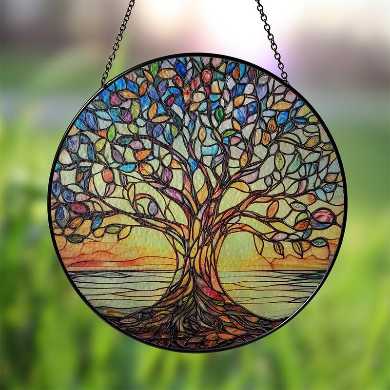 Monde Handgemaakte Levensboom Zonnevanger van Glas-in-Lood – Ronde Raamdecoratie Ø20 cm – Regenboogkleuren