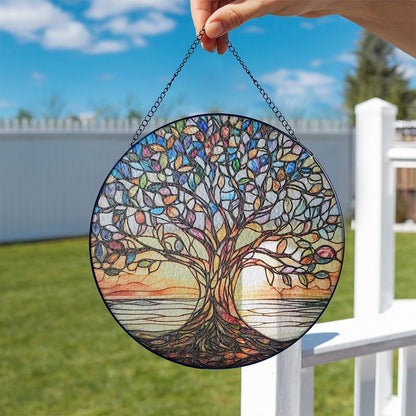 Monde Handgemaakte Levensboom Zonnevanger van Glas-in-Lood – Ronde Raamdecoratie Ø20 cm – Regenboogkleuren