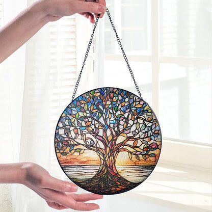 Monde Handgemaakte Levensboom Zonnevanger van Glas-in-Lood – Ronde Raamdecoratie Ø20 cm – Regenboogkleuren