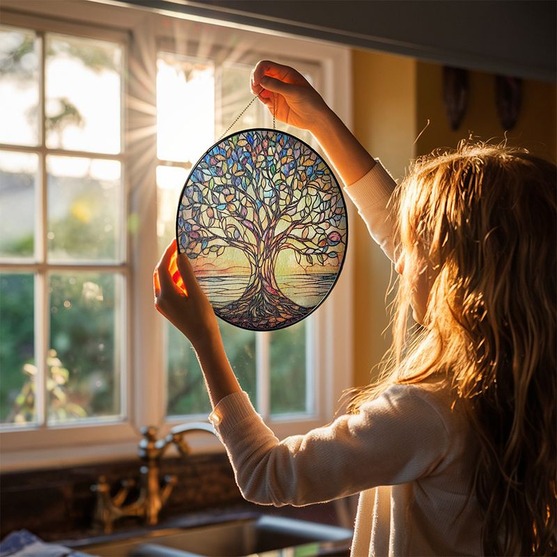 Monde Handgemaakte Levensboom Zonnevanger van Glas-in-Lood – Ronde Raamdecoratie Ø20 cm – Regenboogkleuren