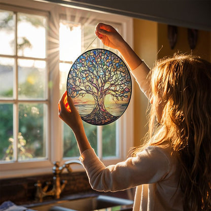 Monde Handgemaakte Levensboom Zonnevanger van Glas-in-Lood – Ronde Raamdecoratie Ø20 cm – Regenboogkleuren