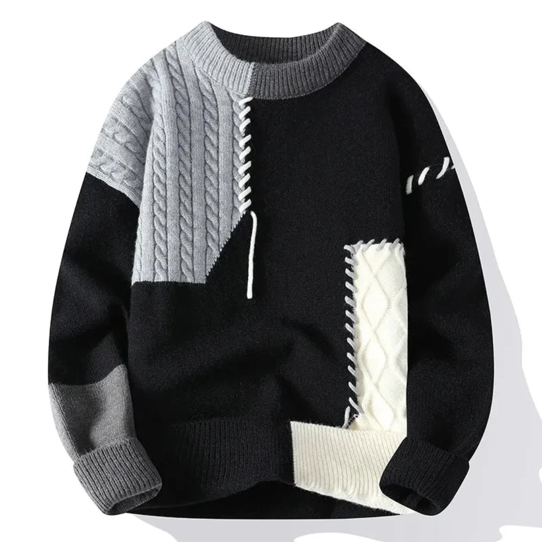 Veloria Patchwork Sweater van Katoen – Loose Fit Crewneck met Tonale Stiksels