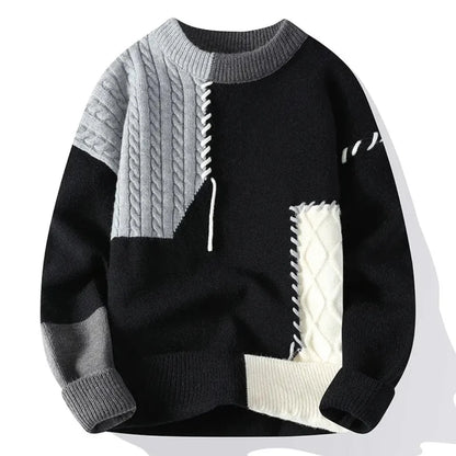 Veloria Patchwork Sweater van Katoen – Loose Fit Crewneck met Tonale Stiksels