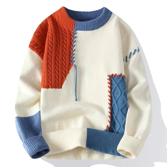 Veloria Patchwork Sweater van Katoen – Loose Fit Crewneck met Tonale Stiksels