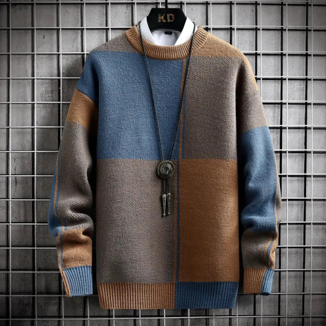 Veloria Fusion Sweater met Blokpatroon – Loose Fit Acryl Weefsel
