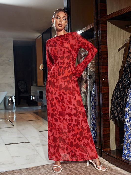 Monde dames maxi-jurk met bloemenprint – rood – lange mouwen – ronde hals – lichtgewicht stof
