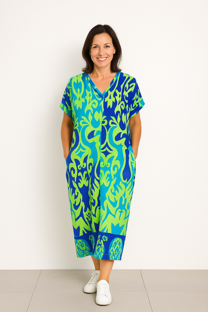 Monde Kaftan Jurk met Tropische Print en V-hals – Korte Mouwen – Midi Lengte