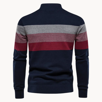 Monde Heren Trui met Kwart-Rits en Streeppatroon – Slim Fit – Katoenmix