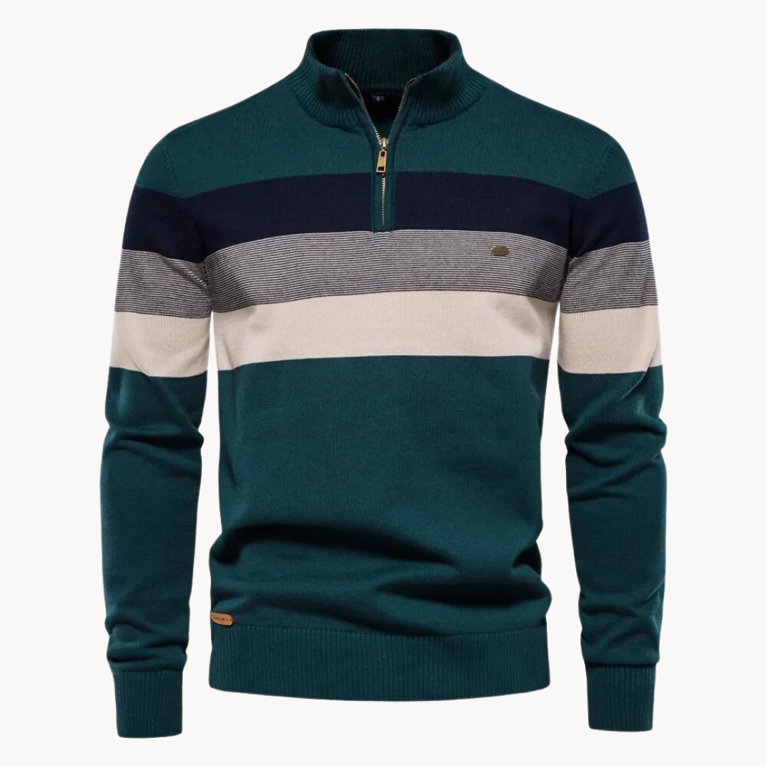 Monde Heren Trui met Kwart-Rits en Streeppatroon – Slim Fit – Katoenmix