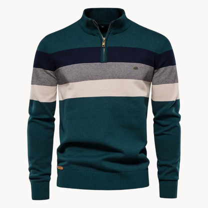 Monde Heren Trui met Kwart-Rits en Streeppatroon – Slim Fit – Katoenmix