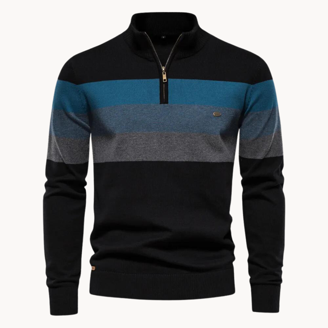 Monde Heren Trui met Kwart-Rits en Streeppatroon – Slim Fit – Katoenmix