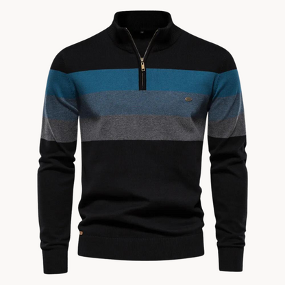 Monde Heren Trui met Kwart-Rits en Streeppatroon – Slim Fit – Katoenmix