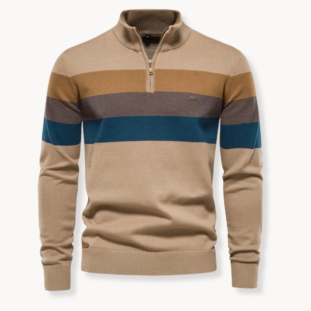 Monde Heren Trui met Kwart-Rits en Streeppatroon – Slim Fit – Katoenmix