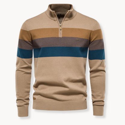 Monde Heren Trui met Kwart-Rits en Streeppatroon – Slim Fit – Katoenmix