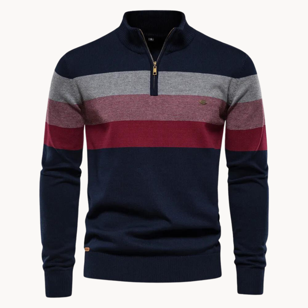 Monde Heren Trui met Kwart-Rits en Streeppatroon – Slim Fit – Katoenmix