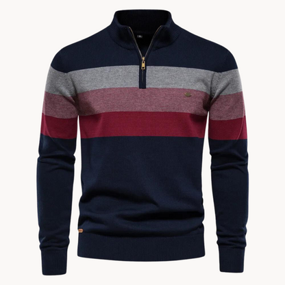 Monde Heren Trui met Kwart-Rits en Streeppatroon – Slim Fit – Katoenmix