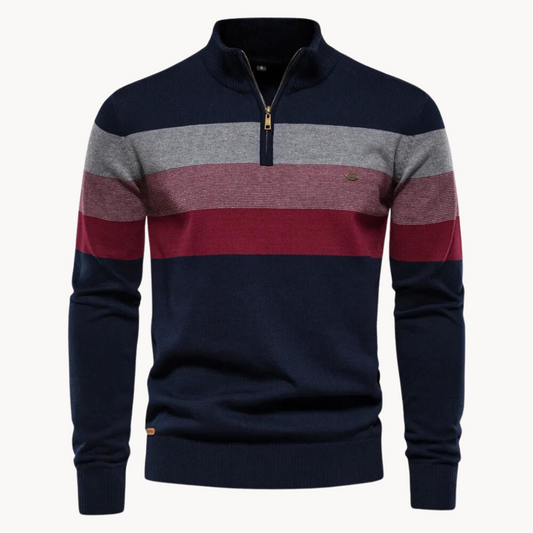 Monde Heren Trui met Kwart-Rits en Streeppatroon – Slim Fit – Katoenmix