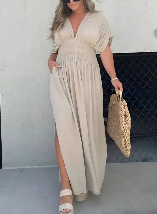 Monde Dames Maxi Jurk met V-hals – Hoge Taille – Zomerjurk – Polyester – Losse Pasvorm – Zandloper Effect – Groen