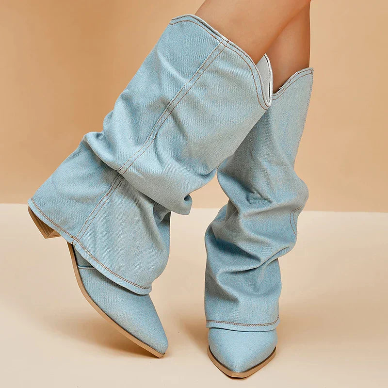 Élanor | Denim Knielaarzen voor Dames – Stijlvolle Spijkerstof Laarzen met Elegante Pasvorm