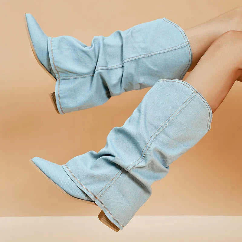 Élanor | Denim Knielaarzen voor Dames – Stijlvolle Spijkerstof Laarzen met Elegante Pasvorm