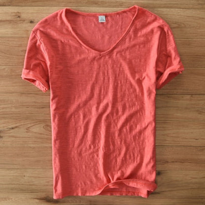 Monde Linnen Heren T-shirt met V-hals – Lichtgewicht Zomerhemd met Korte Mouwen