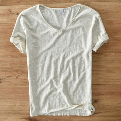 Monde Linnen Heren T-shirt met V-hals – Lichtgewicht Zomerhemd met Korte Mouwen