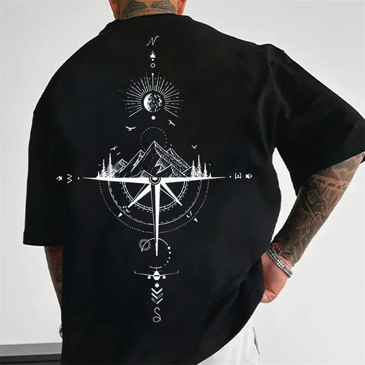 Monde Heren T-shirt met Kompas en Bergprint – Oversized Pasvorm – 100% Katoen – Wit