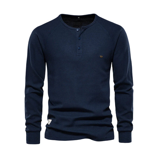 Monde Heren T-shirt met lange mouwen en ronde hals – Knoopsluiting – Casual pasvorm – Zwart – Maat S t/m 3XL
