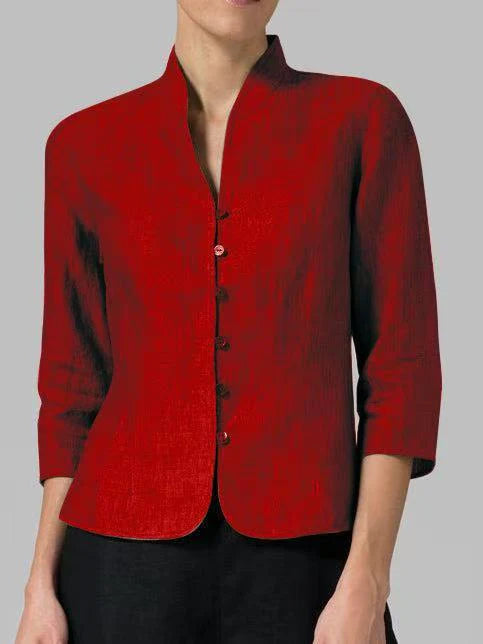 Évoque – Elegante damesblouse met staande kraag en chambray-look