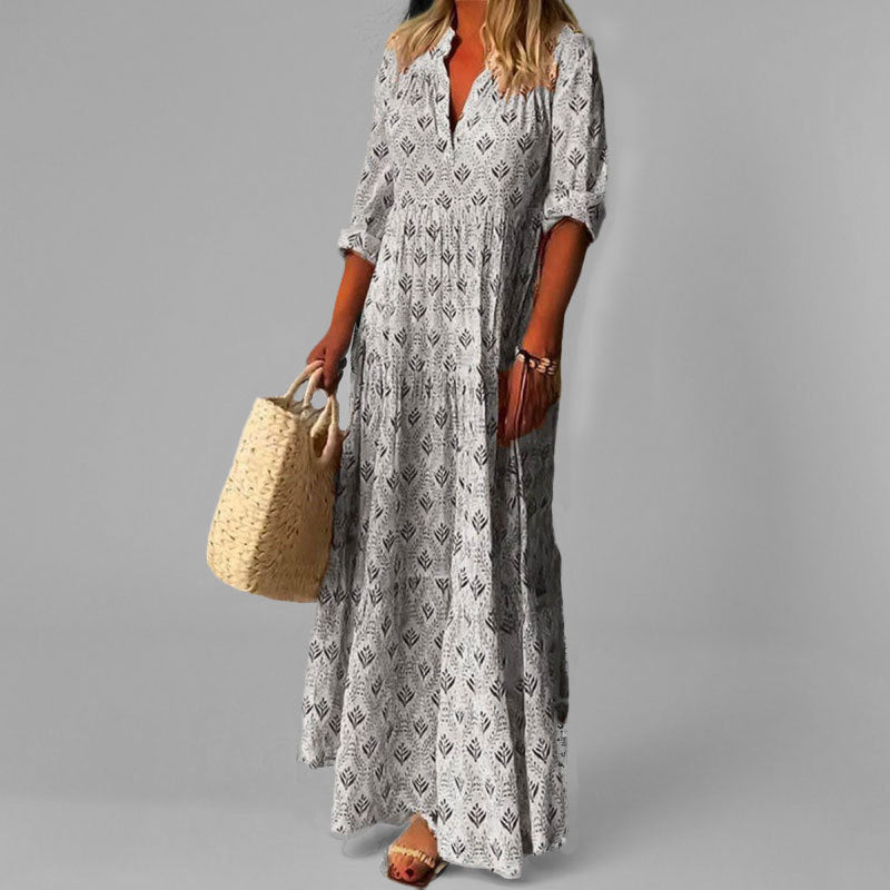 Monde Maxi Jurk Dames – Losse Pasvorm, V-Hals, 3/4 Mouwen, Vintage Print, Katoen