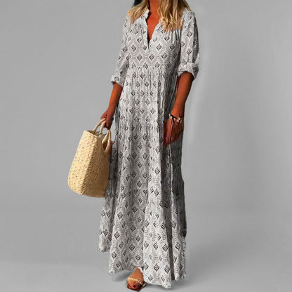 Monde Maxi Jurk Dames – Losse Pasvorm, V-Hals, 3/4 Mouwen, Vintage Print, Katoen