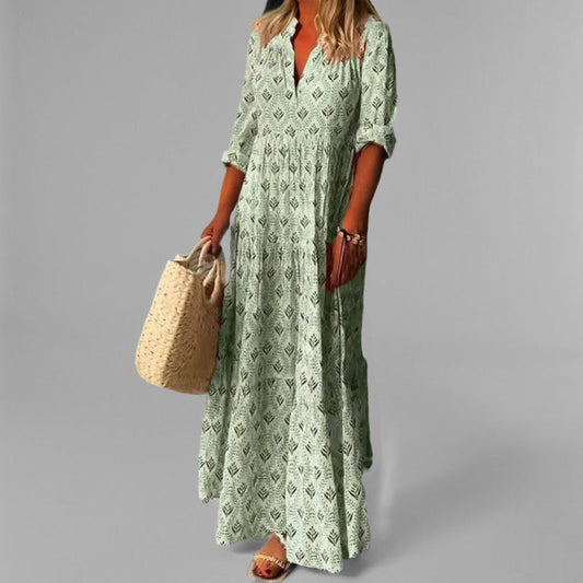 Monde Maxi Jurk Dames – Losse Pasvorm, V-Hals, 3/4 Mouwen, Vintage Print, Katoen