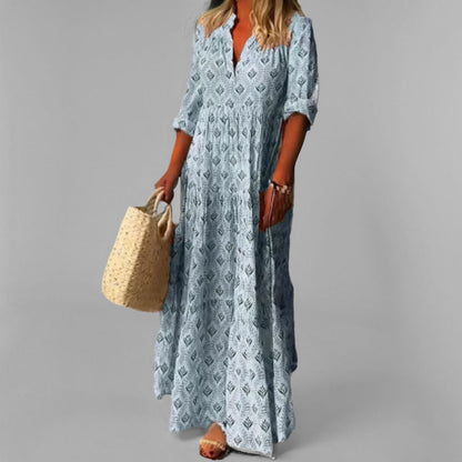Monde Maxi Jurk Dames – Losse Pasvorm, V-Hals, 3/4 Mouwen, Vintage Print, Katoen
