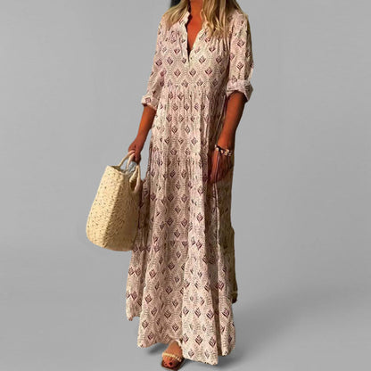 Monde Maxi Jurk Dames – Losse Pasvorm, V-Hals, 3/4 Mouwen, Vintage Print, Katoen