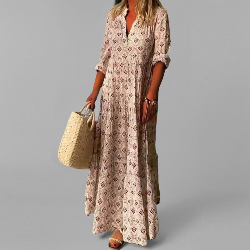 Monde Maxi Jurk Dames – Losse Pasvorm, V-Hals, 3/4 Mouwen, Vintage Print, Katoen