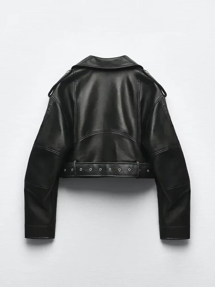 Élanor Oversized Dames PU Leren Korte Jas met Tailleriem – Retro Moto Biker Stijl