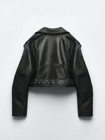 Élanor Oversized Dames PU Leren Korte Jas met Tailleriem – Retro Moto Biker Stijl