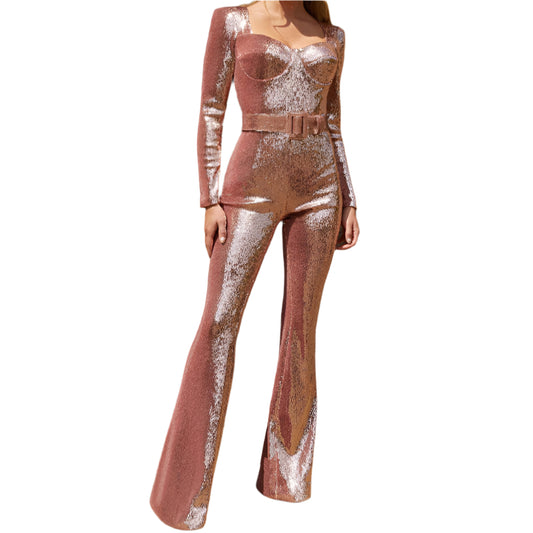 Monde dames jumpsuit – lange mouwen – V-hals – strikceintuur – effen kleur – casual chic – polyester mix