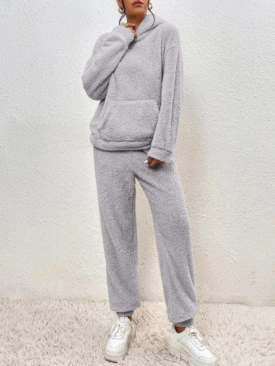 Veloria Teddy Huispak met Capuchon en Broek – Zachte Lounge Set voor Winter
