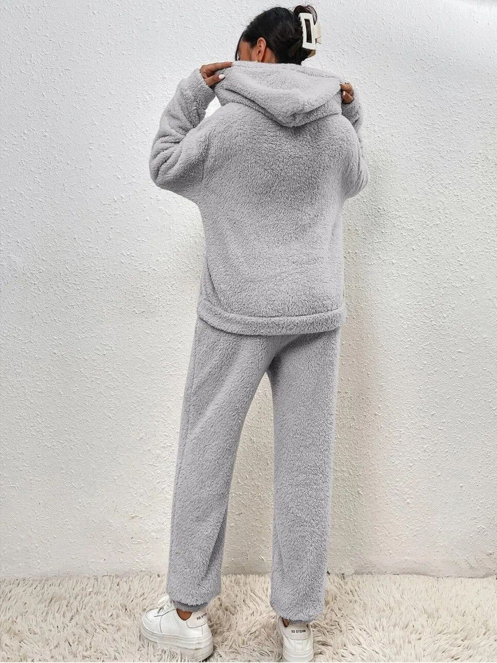 Veloria Teddy Huispak met Capuchon en Broek – Zachte Lounge Set voor Winter