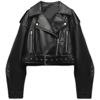 Élanor Oversized Dames PU Leren Korte Jas met Tailleriem – Retro Moto Biker Stijl