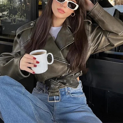 Élanor Oversized Dames PU Leren Korte Jas met Tailleriem – Retro Moto Biker Stijl